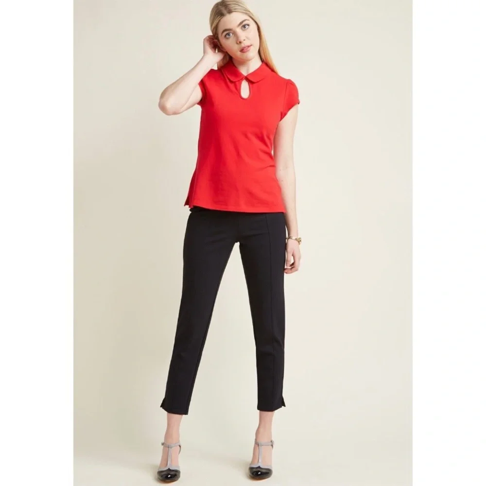ModCloth | Red Collared Keyhole Short Sleeve Top - Picture 2 of 7